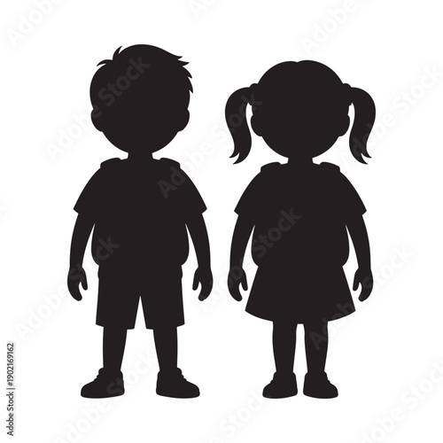 Silhouettes of a boy and a girl standing side by side in a simple design
