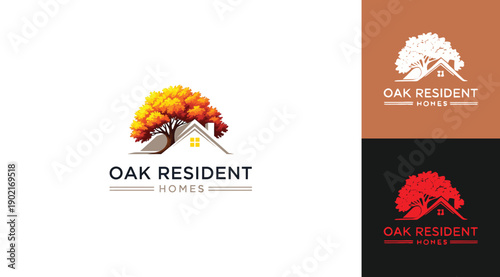 Oak resident homes logo set with tree and house in various colors on different backgrounds