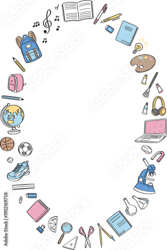 学校生活の文房具や学用品　線画イラストの丸フレーム　縦長　水色・ピンク