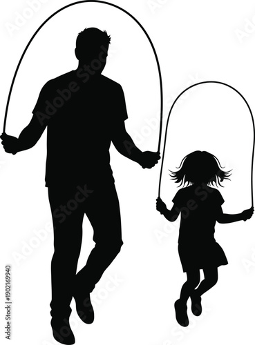 Silhouette of a man and a little girl jumping rope together outdoors