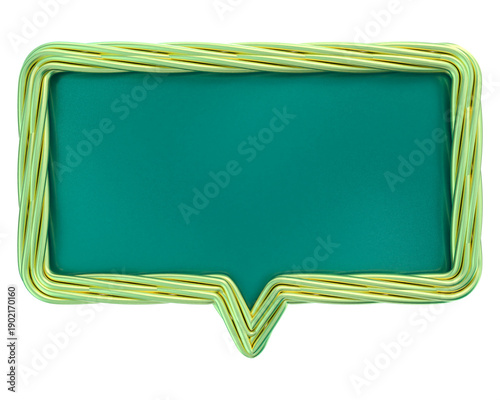 Abstract 3D Speech Bubble Frame with Glossy Turquoise Screen and Twisted Neon Green Metallic Border Isolated on White.