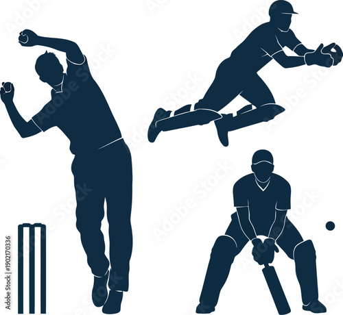 Three cricket players in action on the field