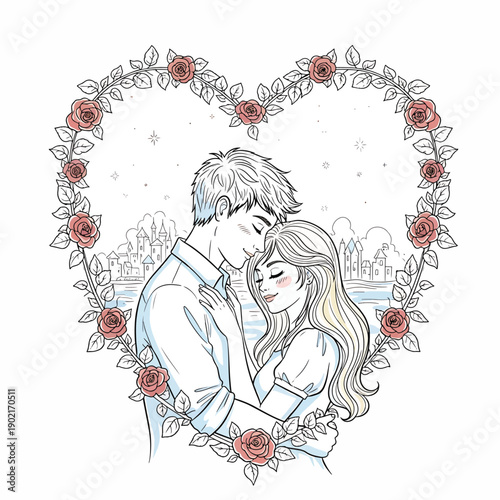 Couple Embracing in Floral Heart