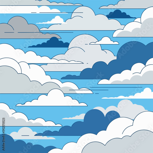 A cartoon-style illustration of blue sky and layered clouds