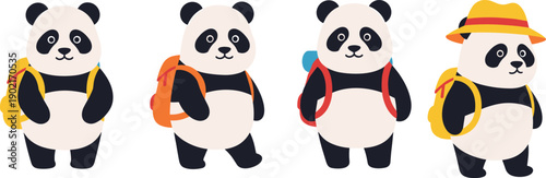 Cartoon panda illustration set, backpack travel school adventure design, cute animal character graphic pack, playful vector artwork