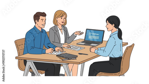Three people are sitting at a table, two are interviewing a third person, with a laptop and papers on the table.