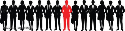 A group of black silhouettes of people in business attire with one red figure standing out in the center