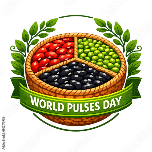 Celebration of world pulses day featuring diverse legume crops in a circular emblem