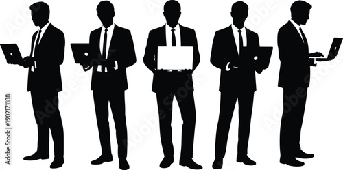Five black silhouettes of businessmen holding laptops in different positions suits