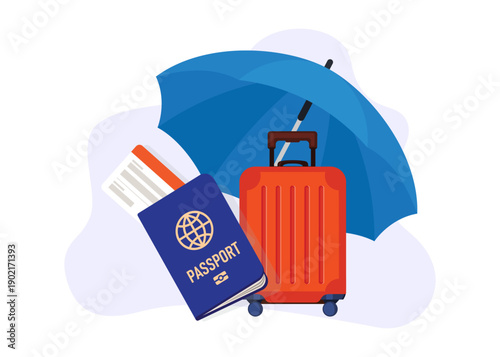 Comprehensive travel insurance concept featuring a passport, boarding pass, and suitcase under a protective umbrella. Stock Illustration.
