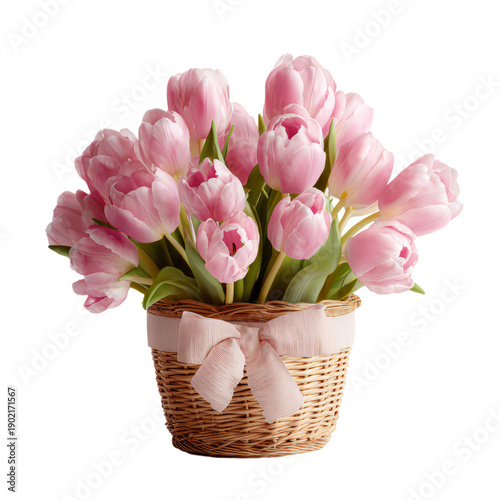 Pink tulip bouquet arranged in a woven basket with a ribbon, perfect for Women's Day celebrations and floral decorations. isolated image, transparent background