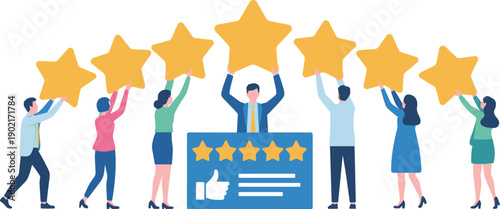 Group of people holding large yellow stars above a blue review box with five stars and a thumbs up