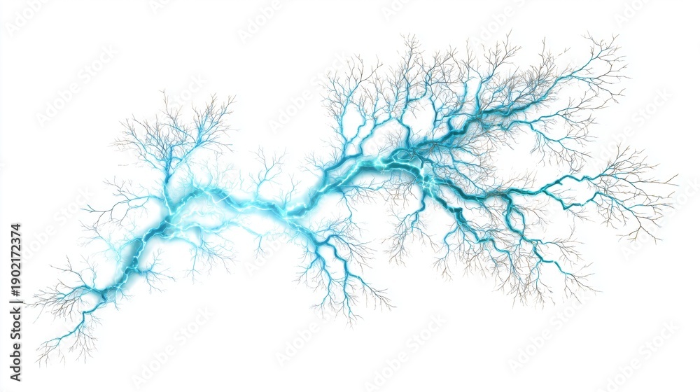 Fototapeta premium Abstract illustration of blue electric lightning branches with intricate patterns on a white background, representing energy flow and dynamic movement in a visual format