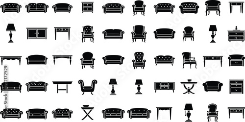 Furniture silhouette icon set, sofa armchair table lamp dresser cabinet illustration, interior design graphic pack, black and white artwork