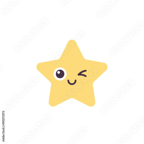Cute yellow star with a winking face on a white background.