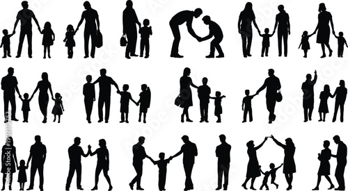 Silhouettes of families and individuals in various poses and interactions on a white background black
