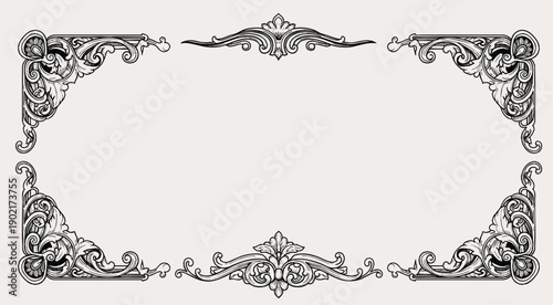 Vector vintage border frame engraving with retro ornament pattern in antique rococo victorian style decorative design