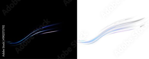 Abstract neon airflow lines create motion rhythm on dark space. Blue curved waves shimmer softly. Transparent PNG graphic enhances tech backgrounds.