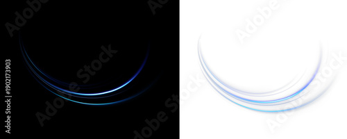 Flowing neon lines twist into abstract vortex patterns. Curved blue shapes imitate sound vibrations. Dynamic transparent PNG element for presentations.