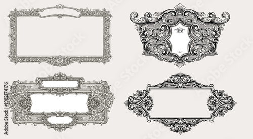 Romantic rococo wedding monogram frame illustration. Elegant vintage baroque floral crest border.