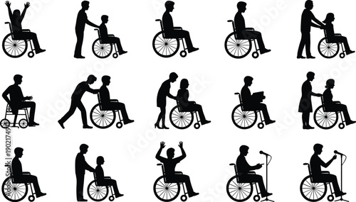 Silhouettes of people in wheelchairs with various activities and interactions black white