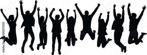 Silhouettes of people jumping with arms raised in celebration against a white background