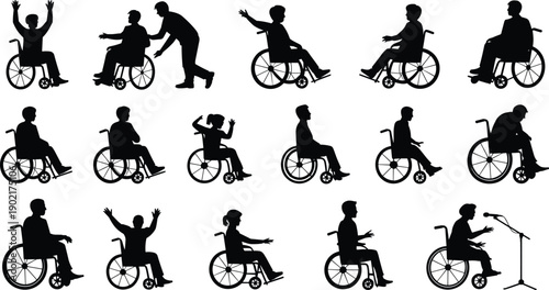 Silhouettes of people in wheelchairs performing various activities and gestures