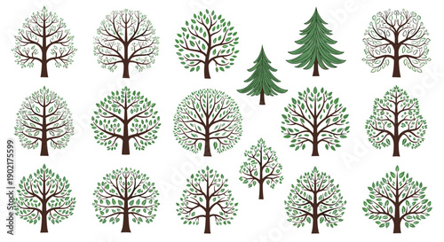 Large grid of diverse green tree illustrations showing different leaf shapes and branching patterns on a white background.