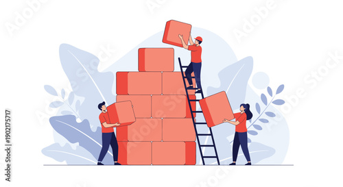 Group of workers collaborating to build a tall wall using large red blocks, symbolizing strong teamwork and construction.