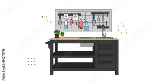 Organized gardening workbench with various tools, hanging equipment, a sink, and small potted plants in a modern style.