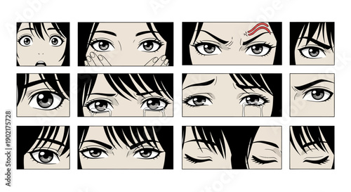 A collection of diverse anime-style eyes expressing various emotions and moods.
