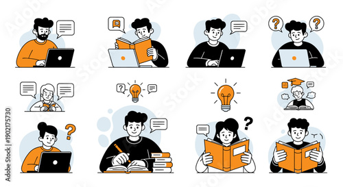 Diverse group of people engaged in learning and studying, depicted through illustrations of reading, writing, and using laptops.