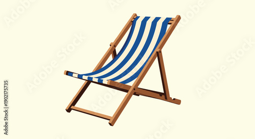 Classic wooden beach lounge chair with a blue and white striped fabric seat, isolated on a pale yellow background.