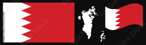 Bahrain Flag and Map Set. Official Red and White Serrated National Emblem Featuring Flat Design, Waving Flag Effect, and Country Geographic Map Silhouette Isolated on Black Background.