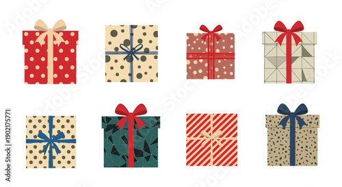 Collection of eight differently patterned christmas gift boxes with festive ribbons and bows in red, cream, and green colors.