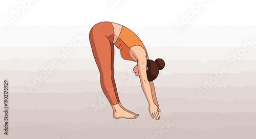 A woman in an orange top and brown leggings performs a standing forward bend yoga pose, touching the floor with her hands.