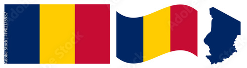 National Flag and Map Silhouette of Chad Official Blue, Yellow, and Red Vertical Tricolor Design Set Featuring Flat Graphic, Waving Fabric Effect, and Country Border Outline on White Background