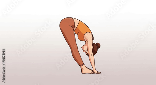 A woman in an orange top and brown leggings performs a standing forward fold yoga pose, touching her hands to the floor.