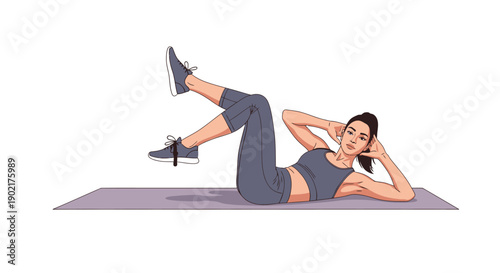 A woman in athletic wear performs a bicycle crunch exercise on a yoga mat, targeting her core muscles for fitness training.