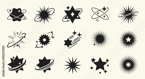 A collection of minimalist black and white star and celestial body icons with various orbital and sparkling effects.