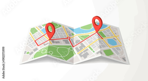 A folded paper map displaying a marked route between two red location pins, illustrating navigation or travel.