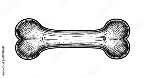 Vintage style drawing of a single animal bone, rendered with detailed cross-hatch shading on a white background.