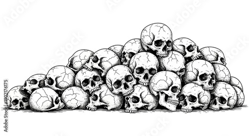 A detailed black and white illustration depicting a large, ominous pile of human skulls stacked haphazardly, evoking themes of mortality and the macabre.