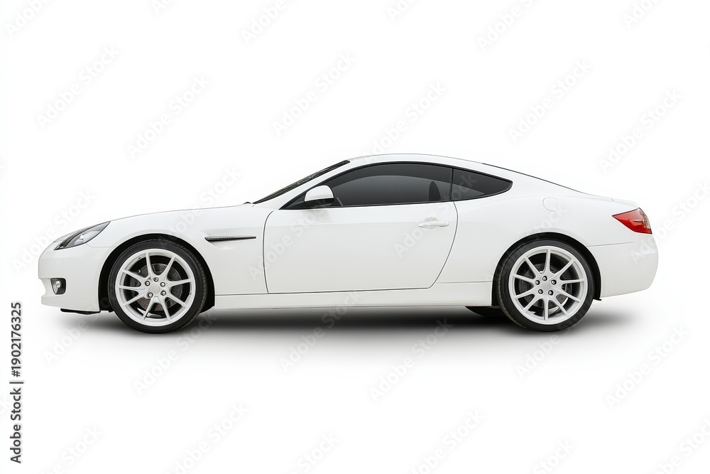 Naklejka premium White car stands alone on a white background with focus on its shape and design for clear visibility and display of features