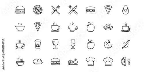Collection of food and drink icons in a grid layout on a clean white background from a straightforward viewpoint
