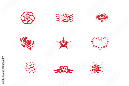 Romantic Heart Icons Set with Wings Love Messages and Decorative Symbols Vector