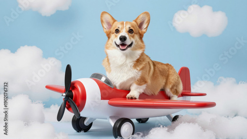 Happy Corgi dog flying a toy airplane through fluffy white clouds in a whimsical blue sky, embodying joy and adventure