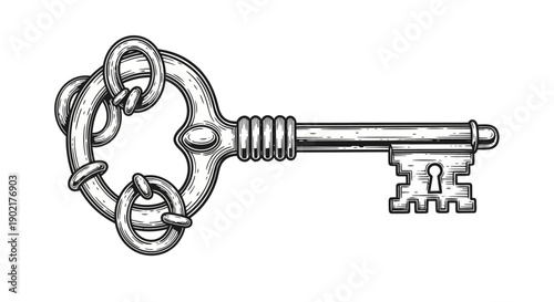 An antique, ornate skeleton key with a decorative bow and a complex bit, rendered in a detailed engraving style.