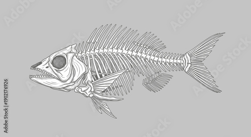 Detailed illustration of a fish skeleton, showcasing its intricate bone structure and fins against a plain background.