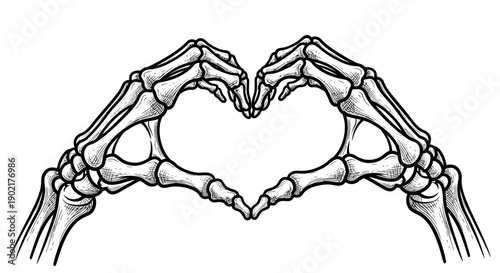 Two skeleton hands forming a heart shape against a white background.